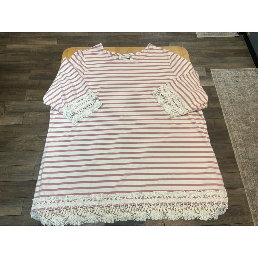 Denim & Company Pink & White Striped Tunic 3/4 Sleeve Top Crochet Lace Hem Sz 2X